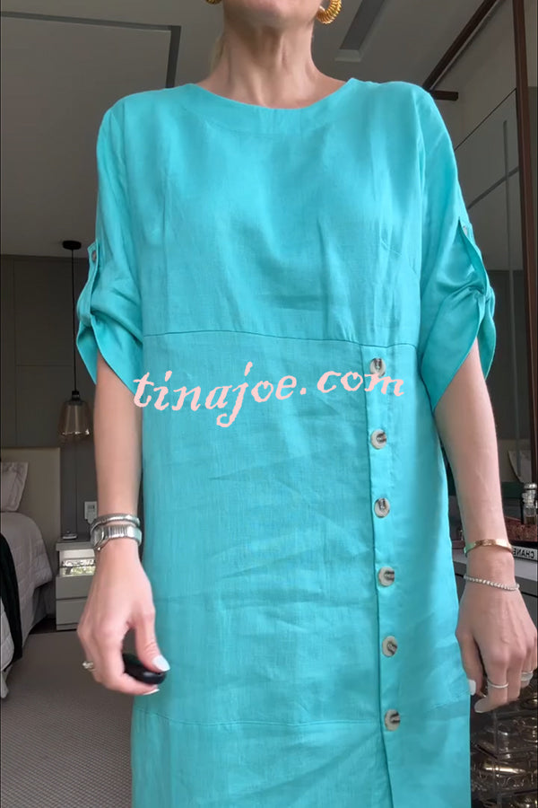 Ultra-comfortable Linen Blend Half Sleeve Front Button Detail Relaxed Pocket Midi Dress