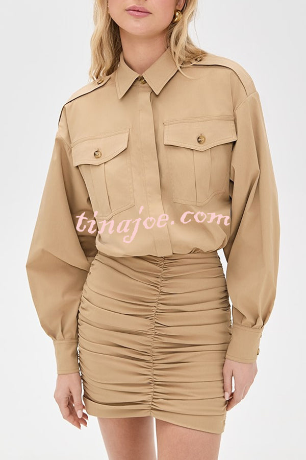 Soraya Epaulette Button Design Long Sleeve Ruched Hem Shirt Mini Dress