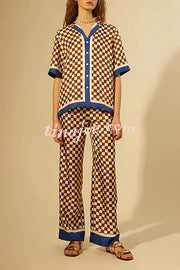 Olivia Satin Checkerboard Colorblock Print Shirt and Elastic Waist Pocketed Loose Pants Set