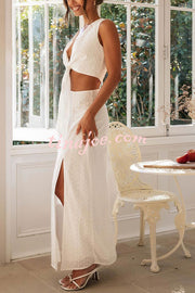 Solid Color Hollow Embroidery V-neck Lace-up Top and Slit Maxi Skirt Set