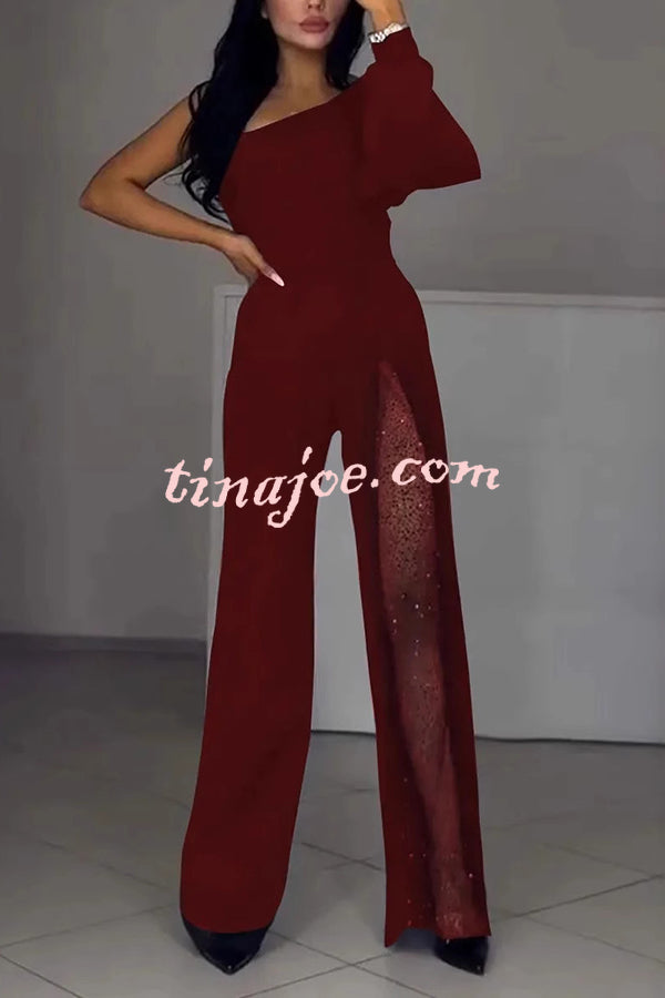 Fashionable Oblique Shoulder One-sleeve Sexy High Slit Slim Jumpsuit