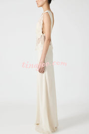 Wonderful Fusion Satin Lace Trim See-through Waist V-neck Drape Maxi Dress