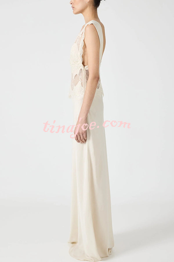 Wonderful Fusion Satin Lace Trim See-through Waist V-neck Drape Maxi Dress
