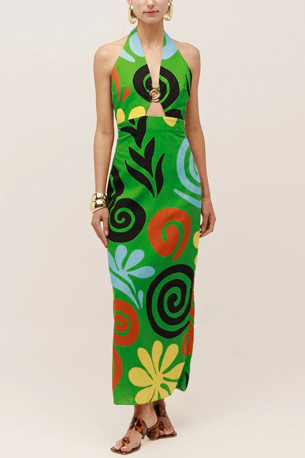 Solana Linen Blend Contrast Color Spiral Hardware Cutout Halter Maxi Dress