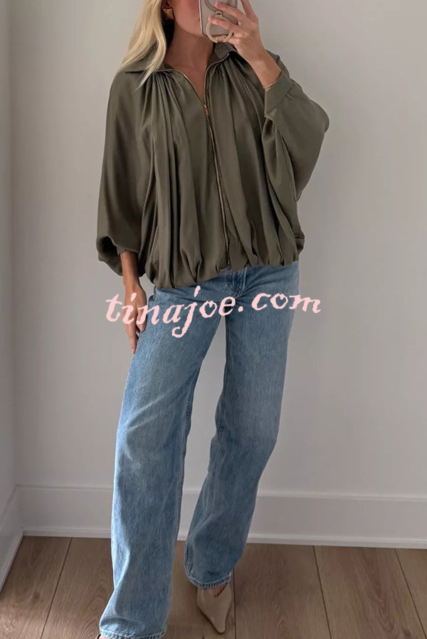Fashion Lapel Loose Puff Long Sleeve Casual Zipper Jacket