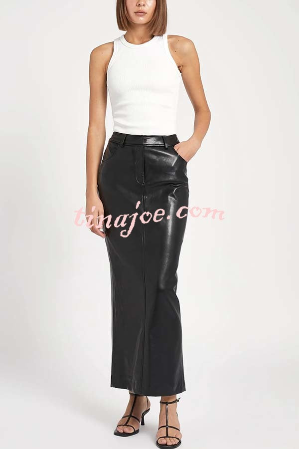 Classic Feel Faux Leather Mid Rise Pocket Slit Stretch Maix Skirt