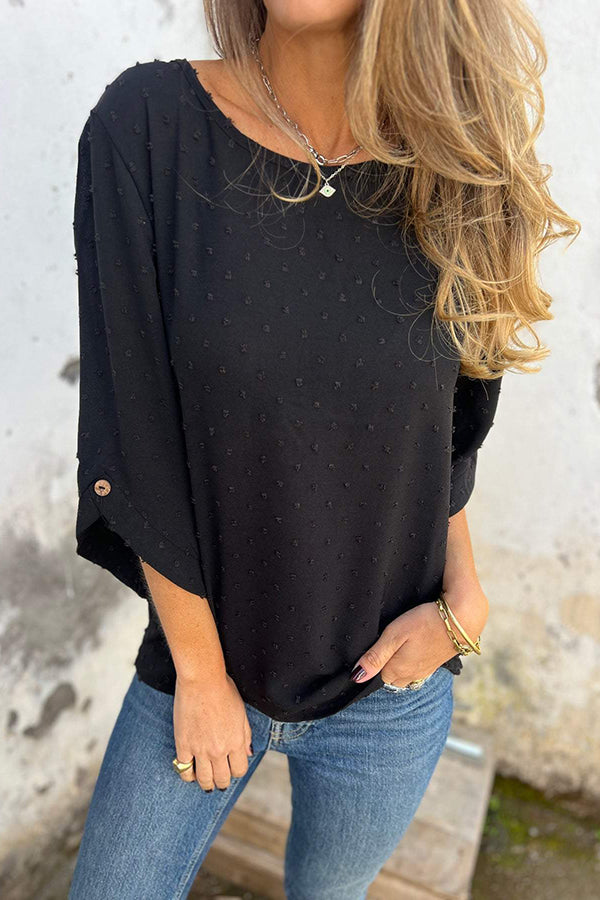 Kaitlin Chiffon Jacquard Button Half Sleeve Casual Loose Blouse