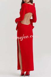 Lovely Bow Cutout Button Back Zipper Long Sleeve Maxi Dress