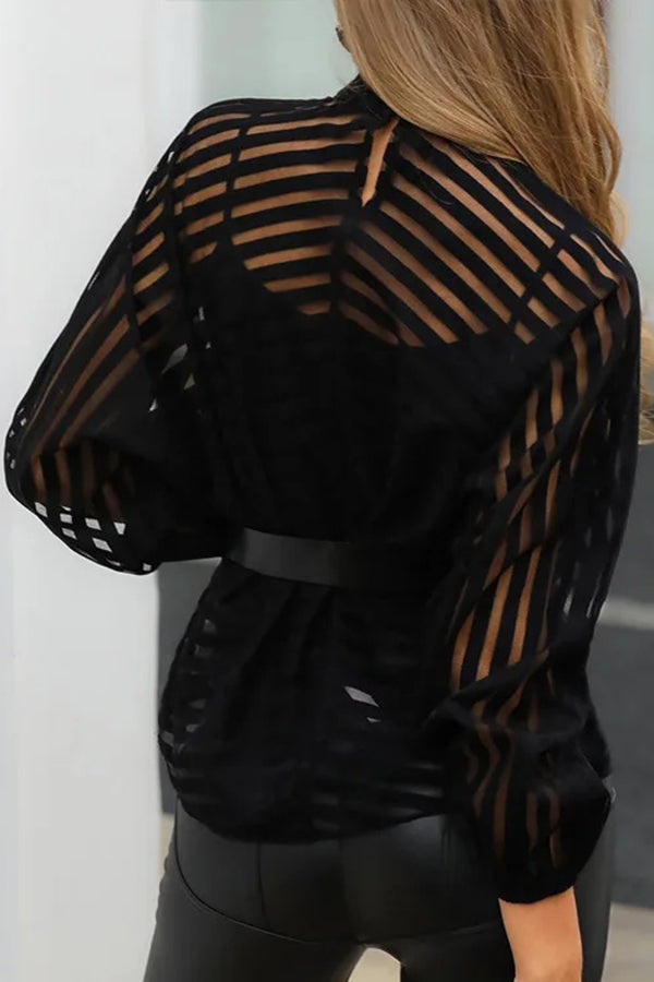 Sexy Hollow See-through Striped Stand-collar Shirt