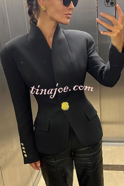 Classic Luxury Unique Metal Button Stand Collar Long Sleeve Blazer