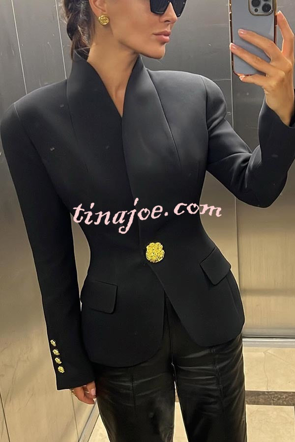 Classic Luxury Unique Metal Button Stand Collar Long Sleeve Blazer