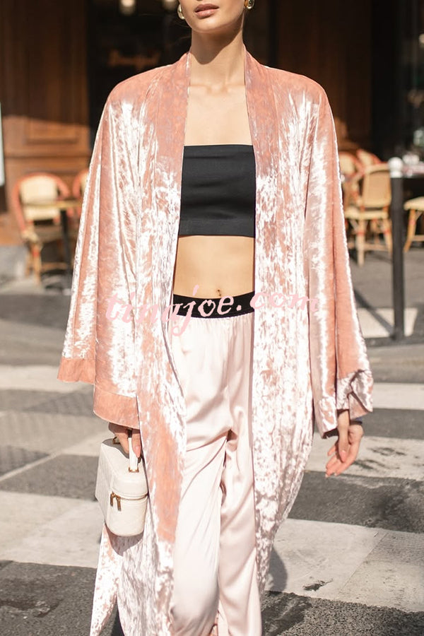 Gorgeous Glossy Velvet Long Bell Sleeve Tie-up Pocket Midi Kimono Coat