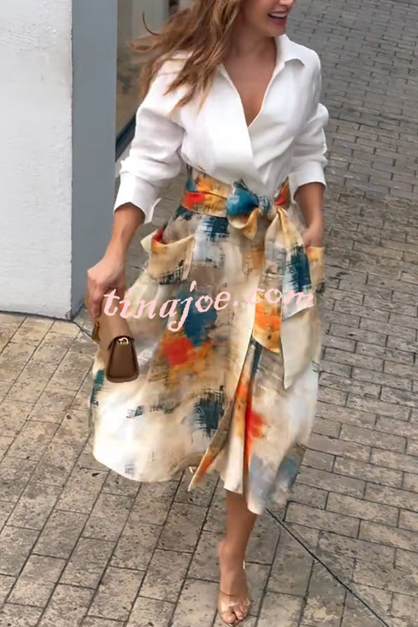 Jiles Linen Blend Unique Contrast Print Long Sleeve Tie-up Pocket Shirt Midi Dress
