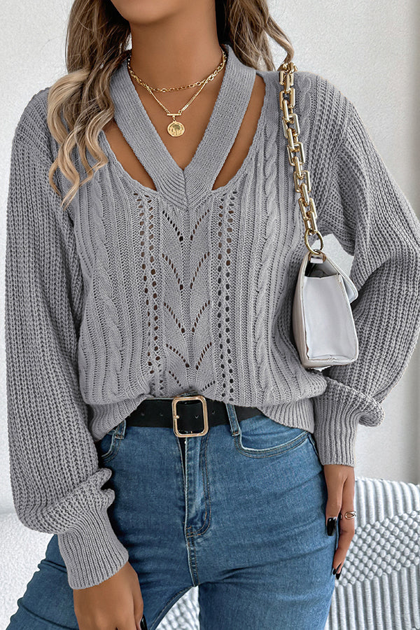 Casual Hollow V-neck Long-sleeved Knitted Sweater