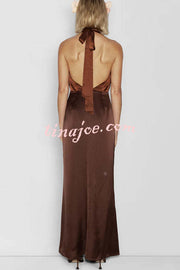 Like A Gem Satin Colorblock Halter Backless Party Maxi Dress