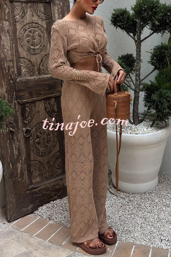 Solid Color Hollow Short Long-sleeved Top and Casual Stretch Wide-leg Pants Knitted Set