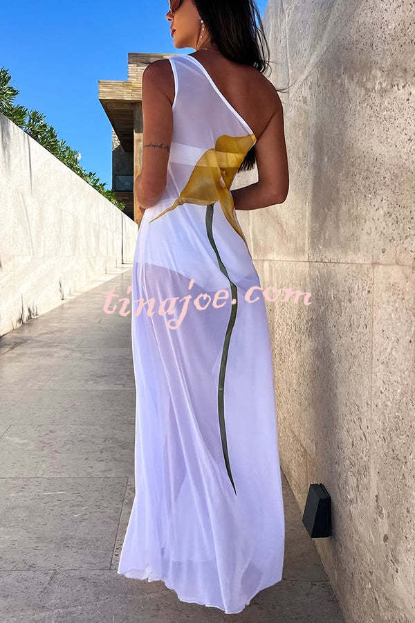 Dalia Tulle See Through Floral Print One Shoulder Vacation Maxi Dress