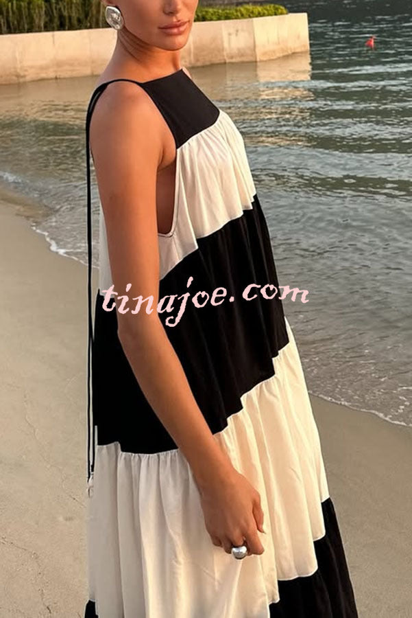 Meila Colorblock Tie-strap Gathered Tiers A-line Maxi Dress