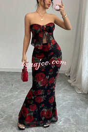 Floral Print Sexy Bandeau Lace-up Top and Slim Mesh Stretch Maxi Skirt Set