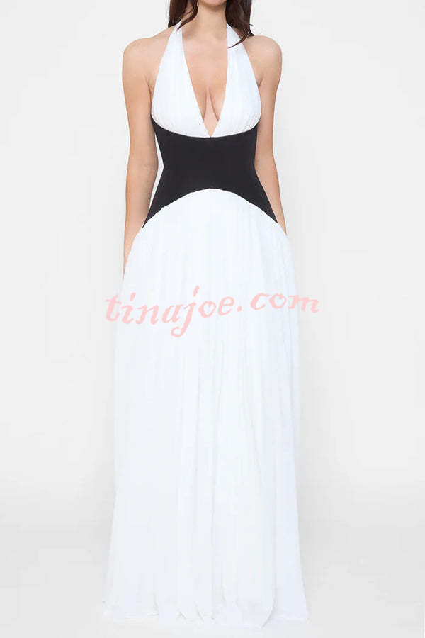 Fashionable Color Matching Sexy Halter Neck Waist Maxi Dress