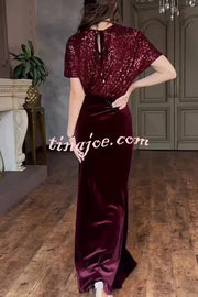 Elegant V-neck Sequined Velvet Stitching Sexy Slit Maxi Dress