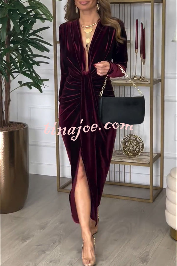 Creating Romance Velvet Ruched Drape Long Sleeve Stretch Maxi Dress