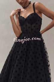 Perfect Guest Tulle Polka Dot Sweetheart Bustier A-Line Midi Dress