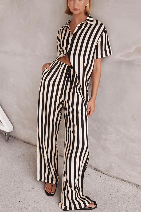 Erika Striped Casual Shirt and Elastic Waist Pocket Wide Leg Pants Set