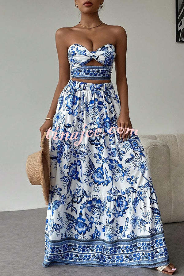 Floral Print Cutout Bandeau Top and Elastic Waist Full Maxi Skirt Set