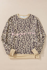 Leopard Print Crew Neck Patchwork Long sleeve Casual Loose Sweatshirt