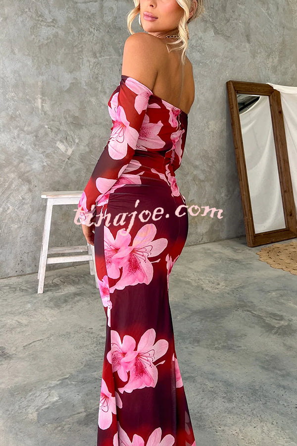Floral Fantasy Mesh Off Shoulder Long Sleeve Stretch Maxi Dress