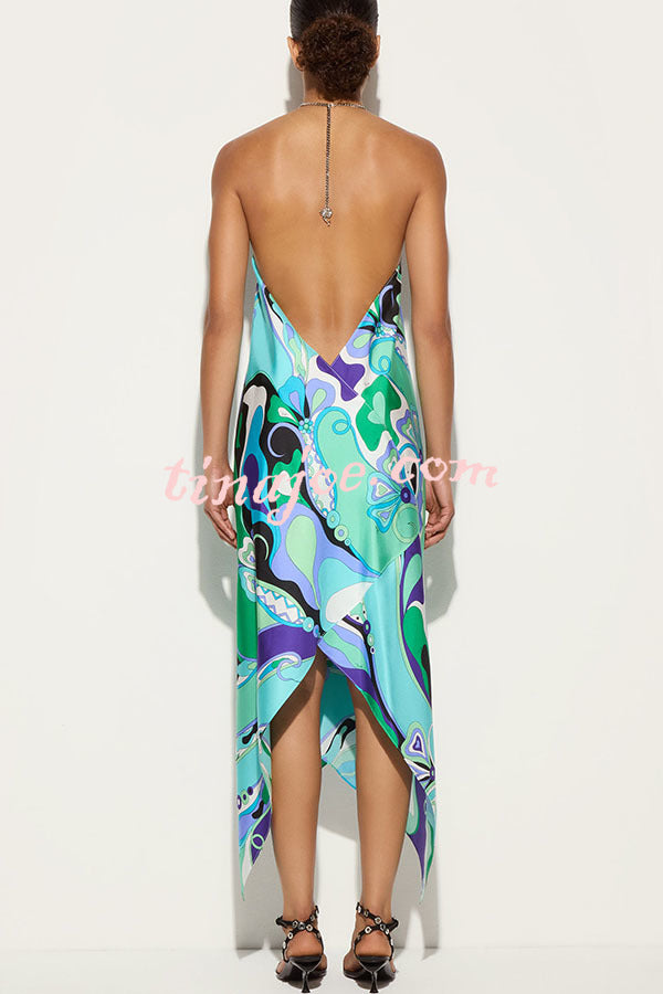 Elmhurst Satin Unique Print Chain Halter Draped Scarf Midi Dress