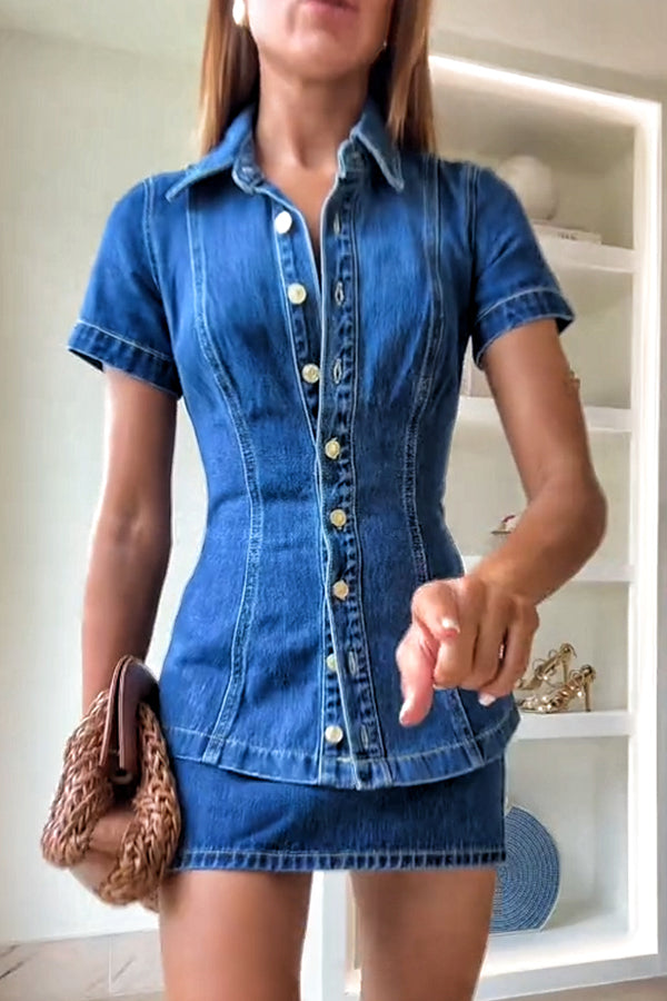 Modern Flavor Denim Short Sleeve Button Up Princess Seams Stretch Top