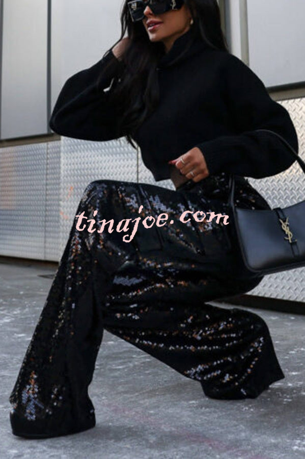 Night Gathering Sequin High Rise Pocketed Wide Leg Cargo Pants