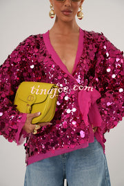 Fashion Sequined Long-sleeved V-neck Loose Lace-up Cardigan