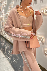 Edan Textured Knit Sequin Patchwork Drawstring Zipper Sweatshirt and Stretch Wide Leg Pants Set