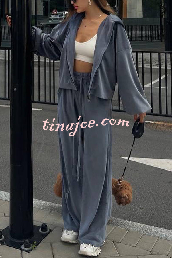 Velvet Casual Zip-up Hooded Top and Elastic Waist Wide Leg Pants Set