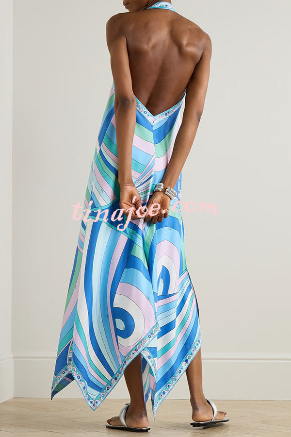 Lizah Satin Unique Print Halter Irregular Hem Draped Maxi Dress