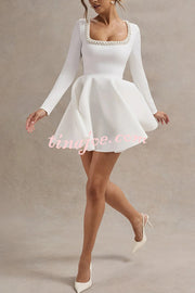 Playful Elegance Pearl Embellished Trim Long Sleeve Pleated Mini Dress