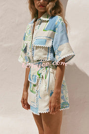 Pierre Linen Blend Ric Rac Trims Unique Print Short Sleeve Shirt and Wrap Tie-up Mini Skirt Set