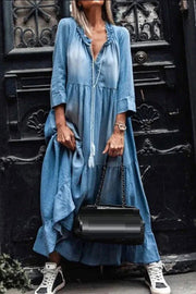 V Neck Long Sleeve Hem Denim Maxi Dress