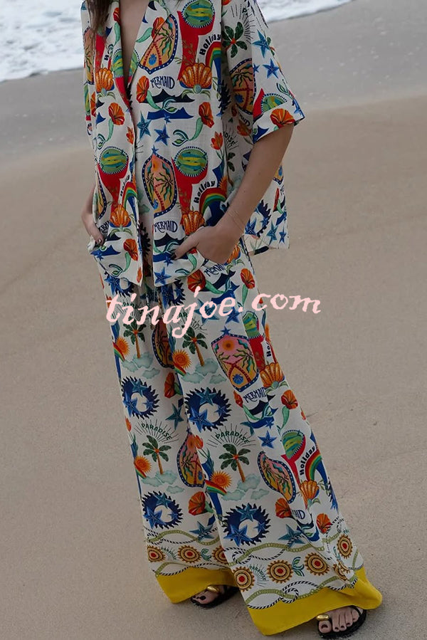 Linen Blend Unique Print Loose Short Sleeve Shirt and Elastic Waist Tie Pocket Pants Set