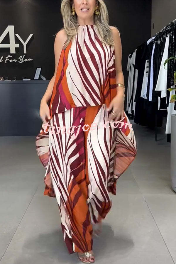 Edina Unique Print High Low Halter Loose Top and Elastic Waist Pocketed Wide Leg Pants Set