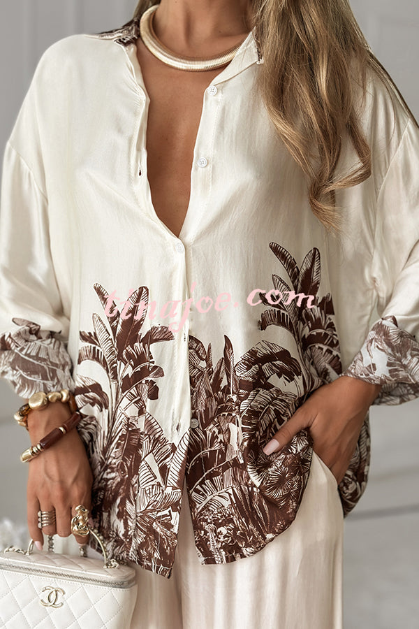 Botanical Print Loose Long-sleeved Shirt and Elastic Waist Pocket Casual Wide-leg Pants