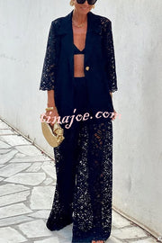 Seaside Nocturne Lace High Rise Elastic Waist Wide Leg Vacation Pants