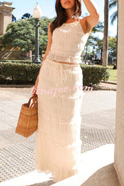 Feel Chic and Romantic Sequin Textured Material Back Elastic Halter Tie Tank and Drawstring Waist Tiered Maxi Skirt Set