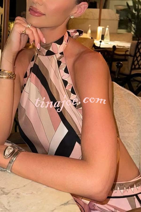 Anzio Satin Unique Print Halter Tie-up Tank and Irregular Hem Mini Skirt Set