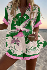 Seagull and Coconut Tree Print Loose Buttoned Elastic Waist Shorts Set