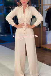 Linen Blend Lapel Long Sleeve Button Pocket Wide Leg Jumpsuit