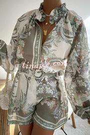 Botanical Print Palace Style Stand-up Collar Lantern Sleeve Loose Top and Casual Shorts Set
